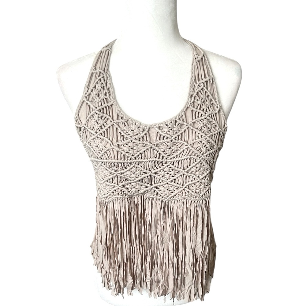 NWT POL Beige Macrame Fringe Halter Top Back Ties Beaded Trim Size Small - Picture 2 of 8